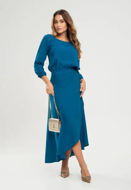 Cropped Gola Canoa Manga Longa Viscolinho Azul Salvatore Fashion