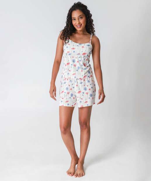 Pijama Feminino Flores Alças Finas Marisa Off White