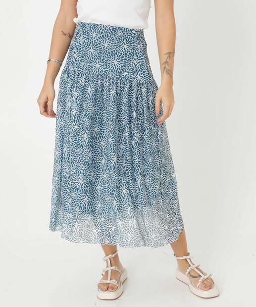 Saia Feminina Midi Evasê Tule Estampada Marisa