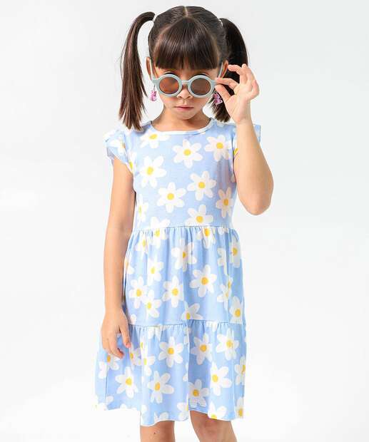 Vestido Infantil Margaridas Manga Curta Marisa Tam 4 a 10 Azul