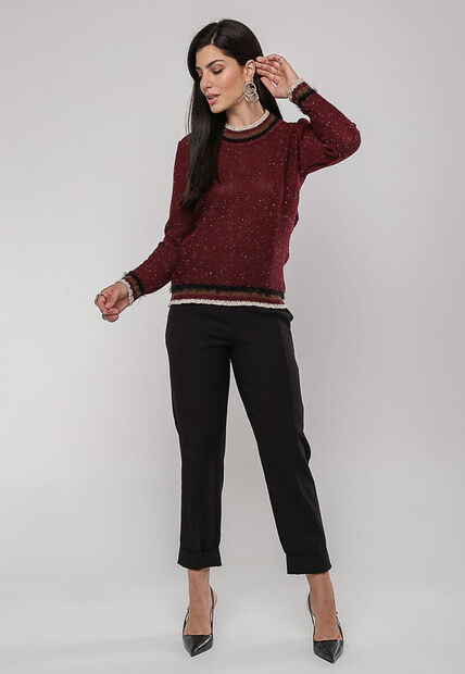 Blusa de Tricot com Fio Boton? Gola Listra Vinho Salvatore