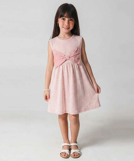 Image_Vestido Infantil Listrada Laço Tam 4 a 10 Rosa