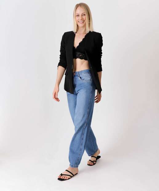 Calça Jeans Barrel Feminina Bolsos