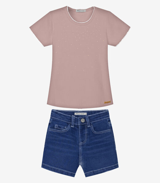 Image_Conjunto Infantil Blusa E Shorts Jeans Trick Nick Rosa
