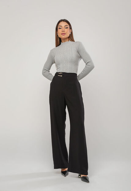 Blusa de Tricot Modal com Gola Alta e Manga Canelada Cinza Salvatore