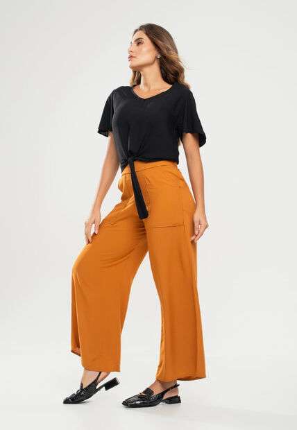 Calça Pantalona Com Bolso Viscolinho Mostarda Salvatore Fashion