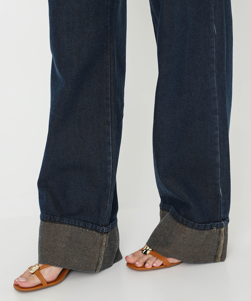 Calça Feminina Jeans Wide Leg Barra Dobrada Sawary Azul