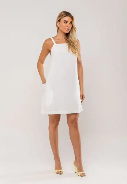 Vestido Curto Com Alça Fina e Bolso Branco Salvatore