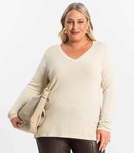 Blusa Manga Longa Visco Tricot Secret Glam Bege