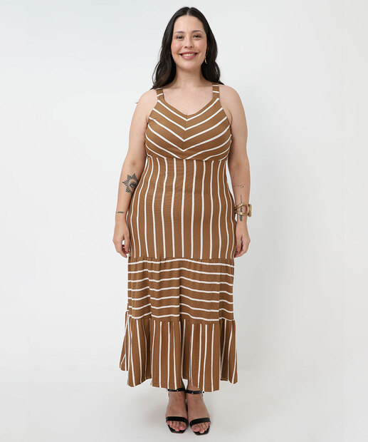 Image_Vestido Plus Size Textura Listrado Feminino Marisa Marrom