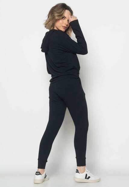 Conjunto  Comfy Com Casaco e Jogger Canelado Preto Salvatore Fashion