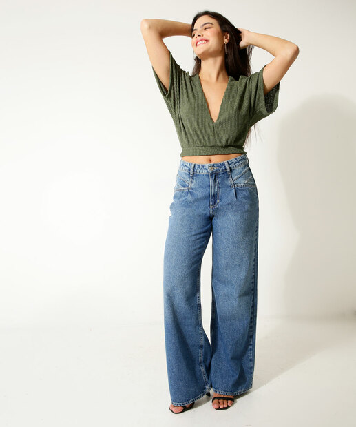Calça Jeans Wide Leg Feminina Bolsos Marisa