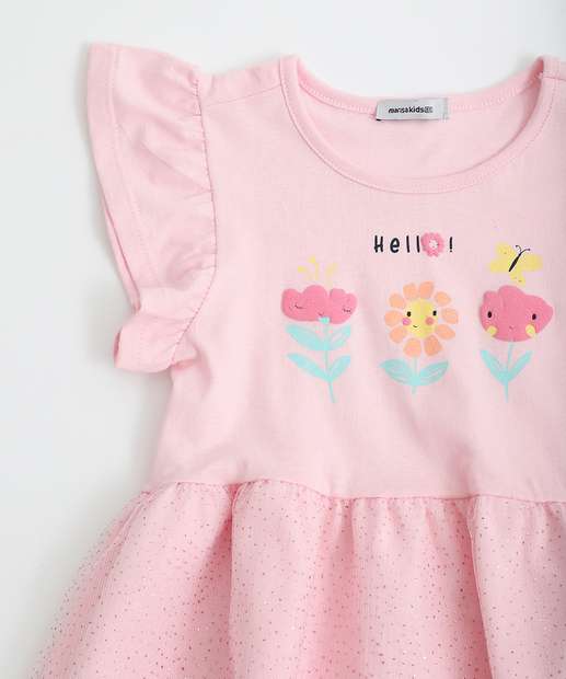 Vestido Infantil Flor Tule Babado Marisa Tam 1 a 3 Rosa