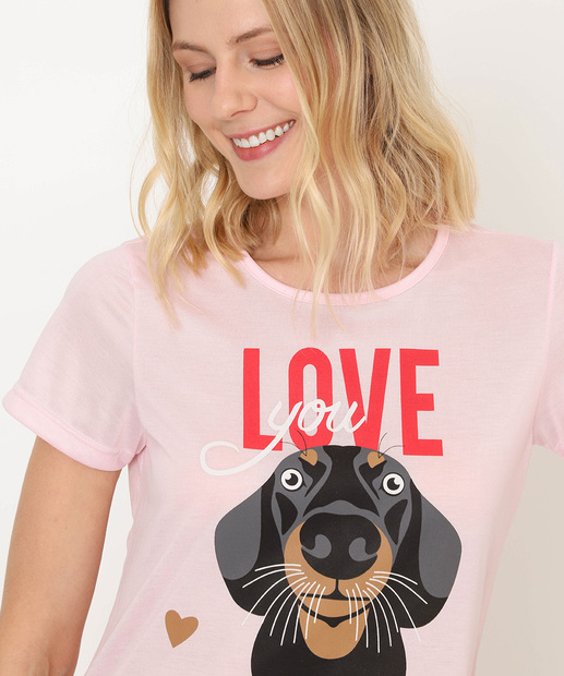 Pijama Feminino Estampa Cachorro Marisa Rosa