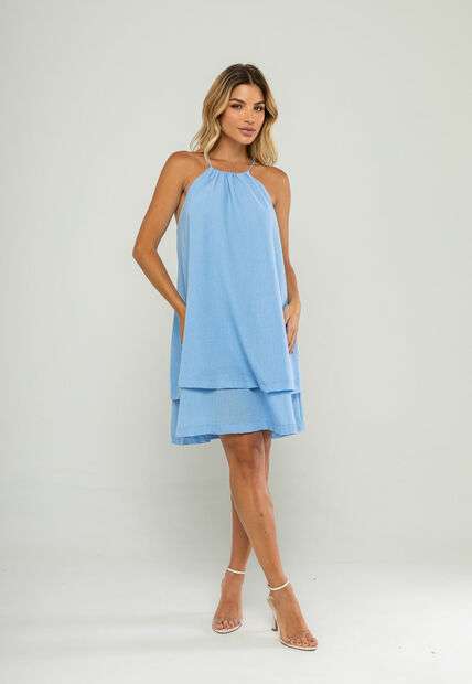 Image_Vestido Curto Com Alças Finas e Babado Duplo Azul Salvatore