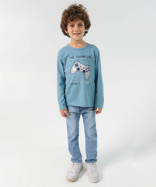 Camiseta Infantil Estampa Game Marisa Tam 4 a 10 Azul