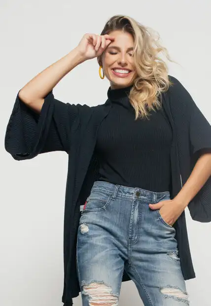 Kimono  Canelado Preto Salvatore Fashion