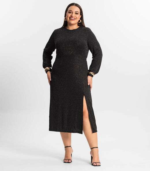 Image_Vestido Midi Plus Size Manga Longa Secret Glam Preto