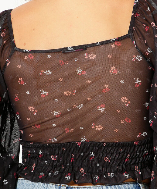 Blusa Cropped Feminina Tule Estampa Floral Marisa 