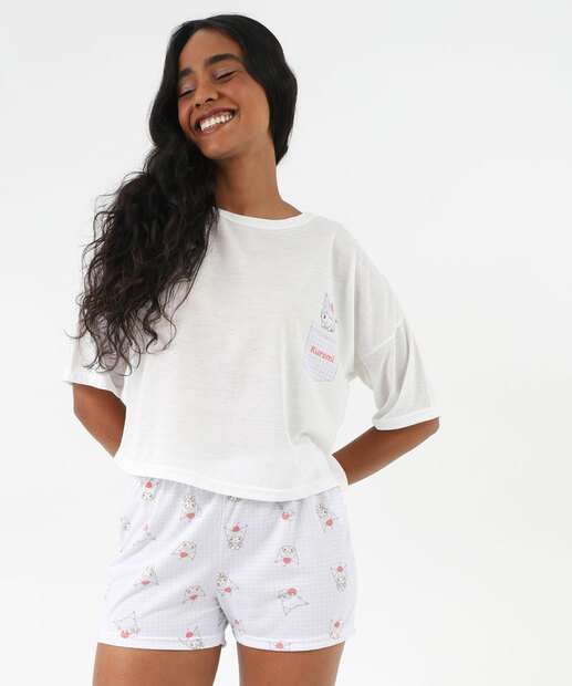 Pijama Feminino Kuromi Manga Curta Sanrio Off White