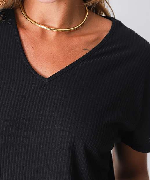 Blusa Feminina Canelada Manga Curta Marisa Preto