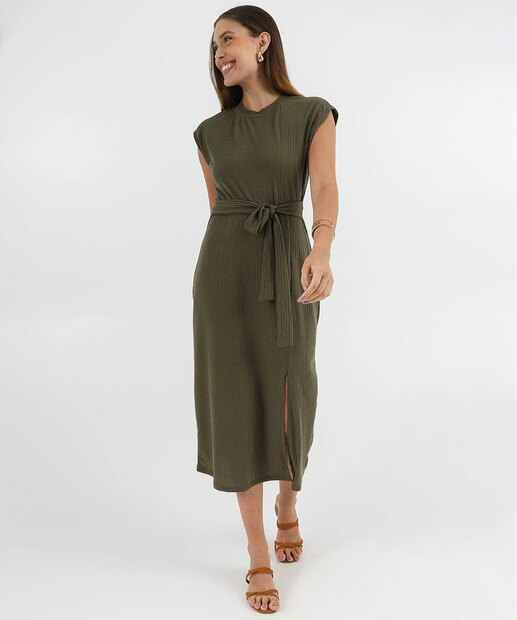 Vestido Feminino Canelado Amarração Fenda Marisa Verde