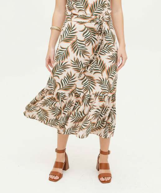 Saia Midi Feminina Estampa Folhas Babado Marisa