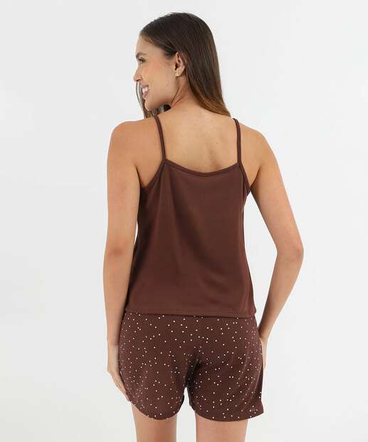 Pijama Feminino Estampa Poá Alças Finas Marisa Marrom