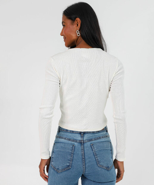 Blusa Cropped Feminina Canelada Manga Longa Marisa Branco
