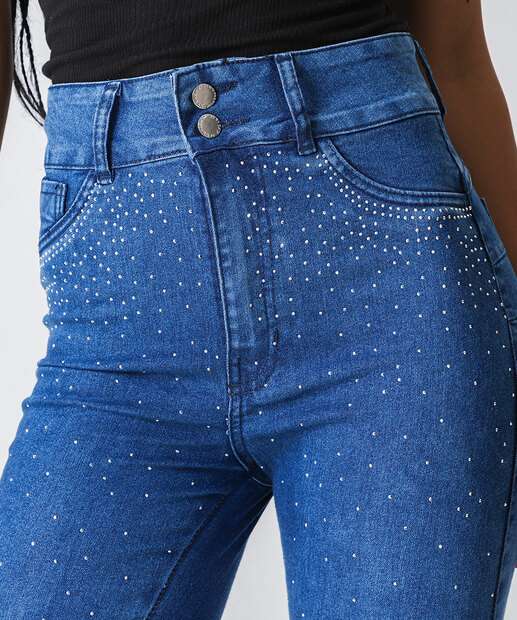 Calça Jeans Skinny Feminina Strass Azul