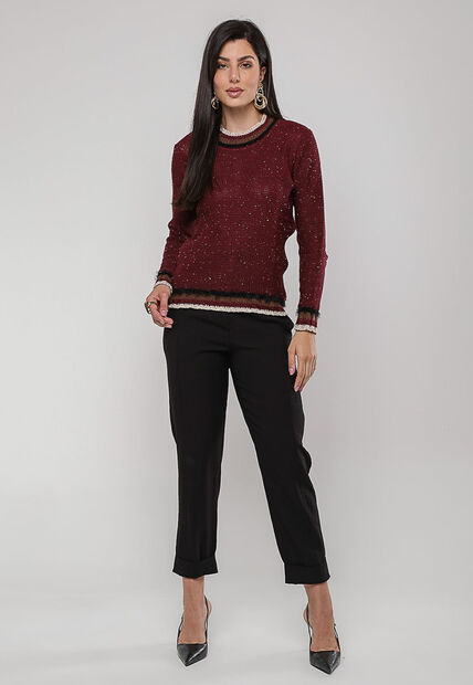 Blusa de Tricot com Fio Boton? Gola Listra Vinho Salvatore