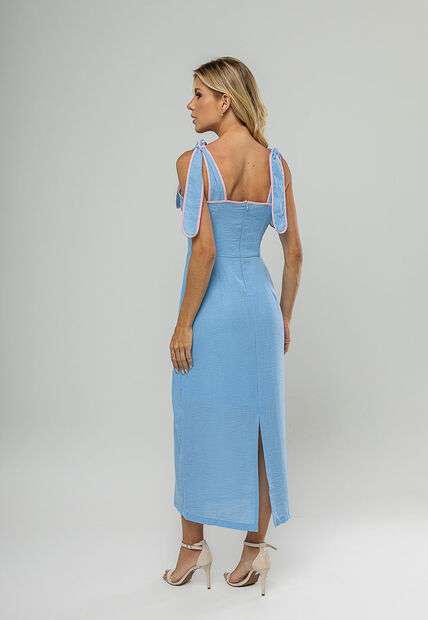 Vestido Midi Com Alças De Amarração e Acabamento Contrastante Azul Salvatore