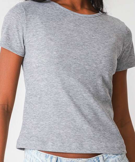 Blusa Feminina Canelada Mecla Manga Curta Marisa Cinza