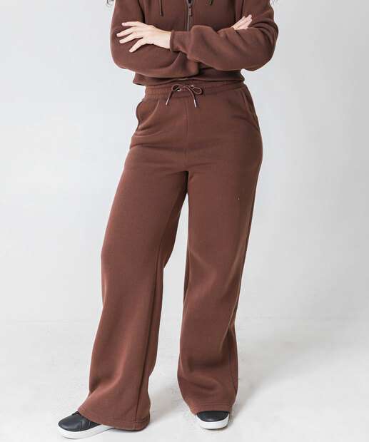 Calça Moletom Wide Leg Feminina Marisa Marrom