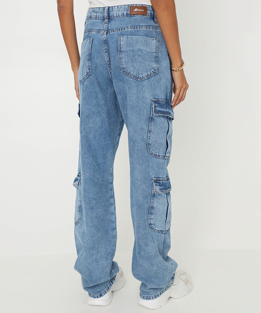 Calça Feminina Jeans Cargo Wide Leg Sawary Azul
