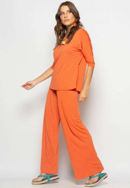 Conjunto Blusa Canoa 3/4 e Wide Leg Malha Terra Salvatore