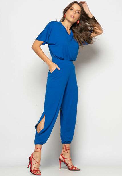 Image_Conjunto Blusa Ampla Gola V e Calça Jogger Fenda Malha Azul Royal Salvatore