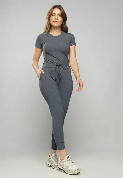 Blusa Comfy Básica Manga Curta Malha Canelada Grafite Salvatore Fashion