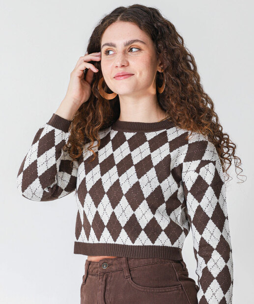 Image_Suéter Feminino Cropped Quadriculado Marisa Marrom