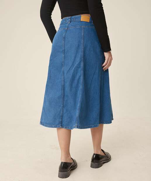 Saia Midi Jeans Feminina Fenda Evasê 
