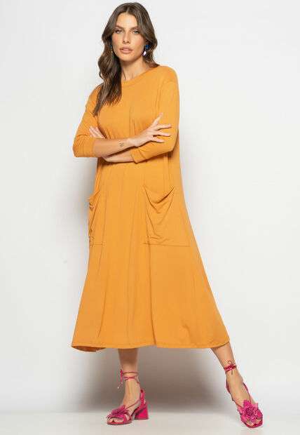 Vestido Midi Com Bolsos E Manga 7/8 Caramelo Salvatore