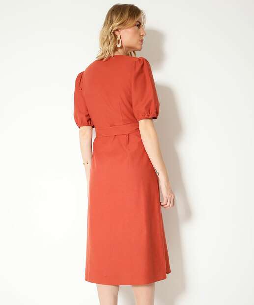 Vestido Midi Feminino Cinto Manga Curta Marisa