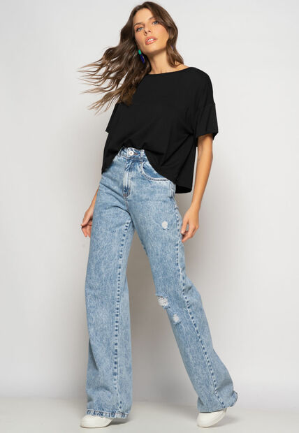 Cropped Amplo Manga Curta Malha Preto Salvatore