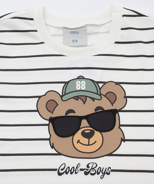 Camiseta Infantil Listrada Urso Marisa Tam 1 a 3 Off White