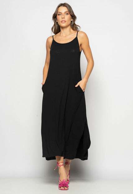 Vestido Longo Alcinha Com Barra Arredondada E Bolsos Preto Salvatore