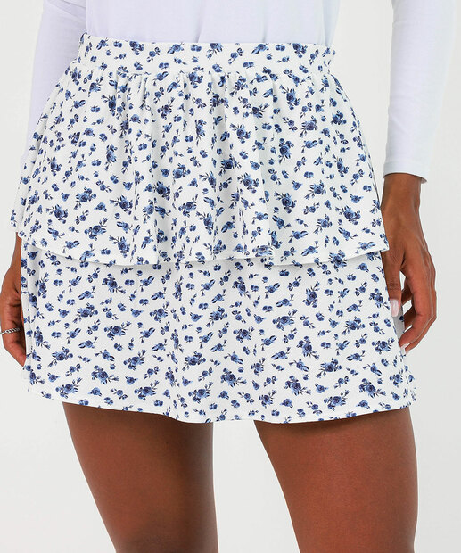 Saia de Babado Feminina Estampa Flores Marisa Off White