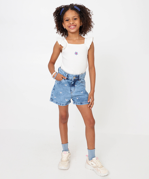 Image_Short Infantil Jeans Bordado Borboletas Tam 4 a 10 Azul