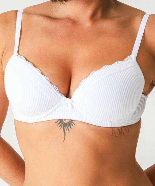 Sutiã Com Base E Com Bojo Canelado Renda Marisa Branco