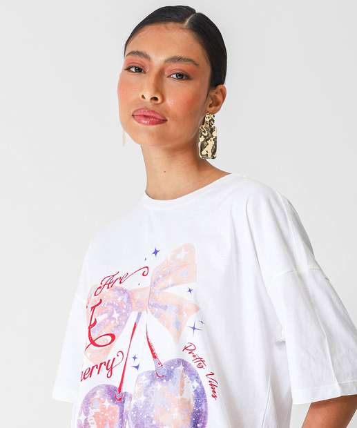 Camiseta Feminina Oversized Cereja Marisa Bege