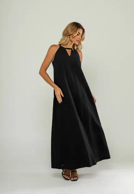 Vestido Longo Decote Com Recorte E Amarração Preto Salvatore